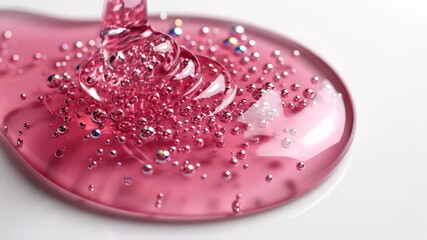 Macro Shot of Viscous Pink Liquid with Bubbles Flowing and Dripping on a White Surface Beauty Serum Cosmetic Product or Experimental Fluid Dynamics in a Laboratory Setting.