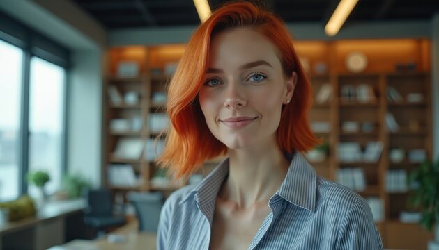 Close up of redhead woman in office setting. Corporate worker smiles, posing indoors. Businesswoman in modern office space. Portrait shot of pro person. Female is confident in management role.