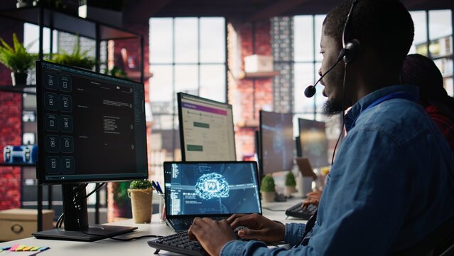 Customer center expert uses AI assistant to generate technical solutions for clients. Call center agent uses artificial intelligence LLM chatbot to provide step by step guidance to customers, camera B