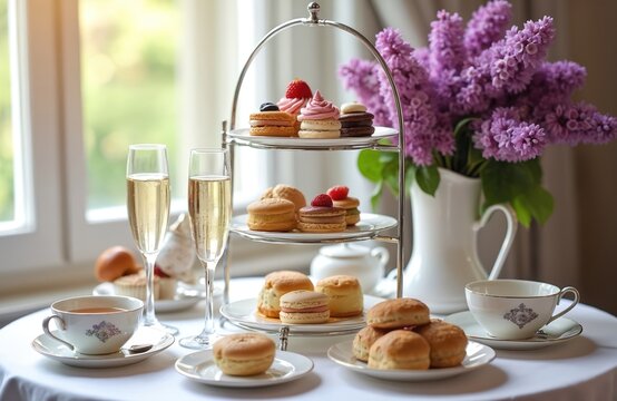 Elegant table setting for afternoon tea with assorted sweets, scones, finger sandwiches, champagne. Purple lilac flowers in vase add floral accent. Perfect for celebratory events, special occasions