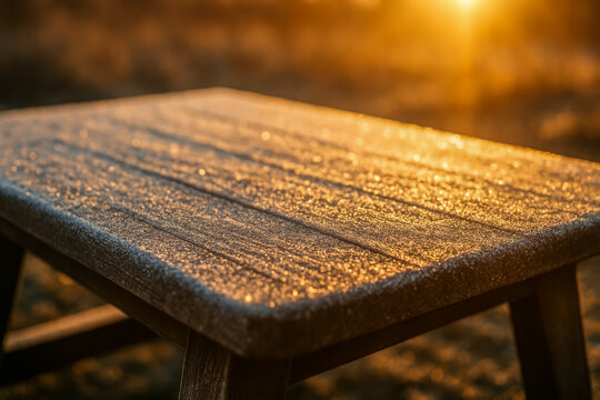 Frosty table reflecting golden light at sunrise outdoors