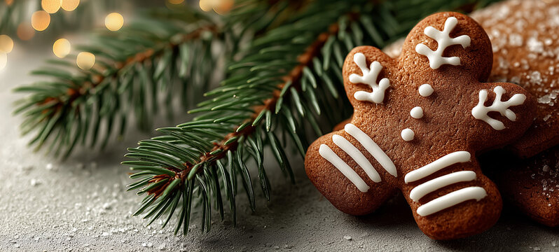 Gingerbread cookies decorated with icing and green pine branches - Powered by Adobe