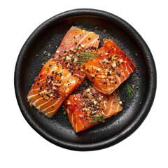 Red fish with spices on a black plate isolated on a transparent background sticker