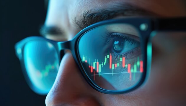 Person wears modern glasses. Stock market data, candlestick chart, reflects on lenses. Focused eye watches live trading trends. Investor analyzes tech finance, plans smart business decisions, manages
