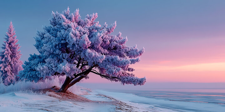 Frost-covered trees beside serene frozen lake at sunset - Powered by Adobe