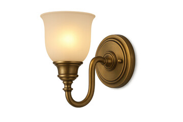 Classic brass wall sconce with glowing shade isolated on transparent background.