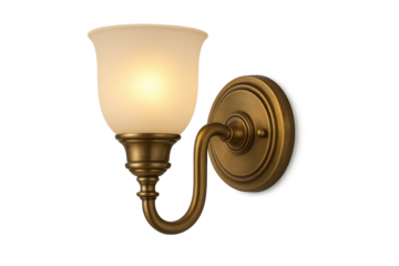 Classic brass wall sconce with glowing shade isolated on transparent background.