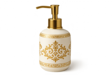 White ceramic soap dispenser, gold pump, isolated on clear background.