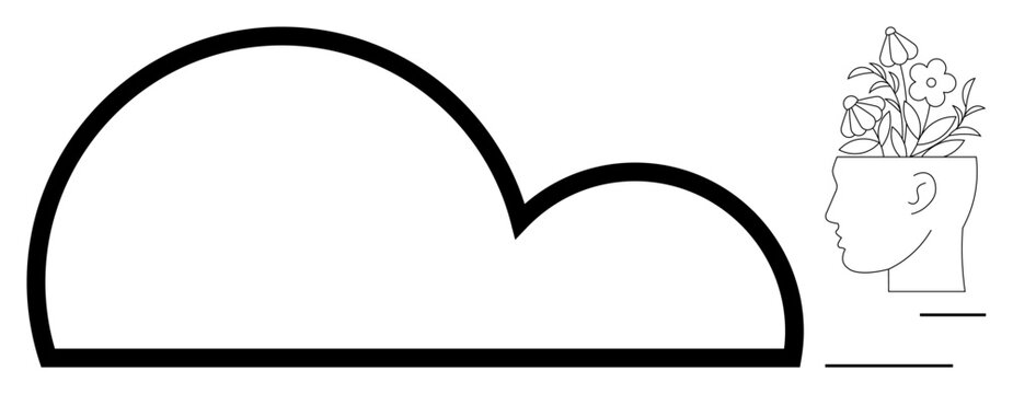 Cloud shape paired with a head sprouting flowers symbolizing thoughts, creativity, and growth. Ideal for innovation, mindfulness, mental health, imagination, education, sustainability