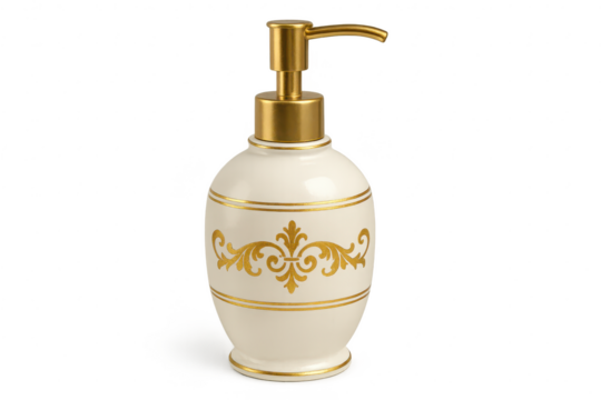 Ceramic soap dispenser with golden pump, isolated on transparent background.