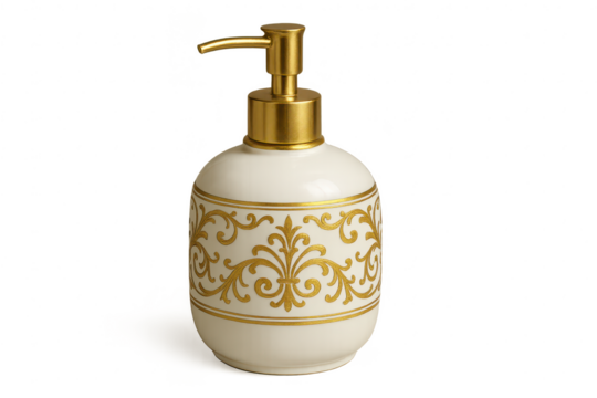 Luxury white and gold liquid soap dispenser, isolated on transparent background.