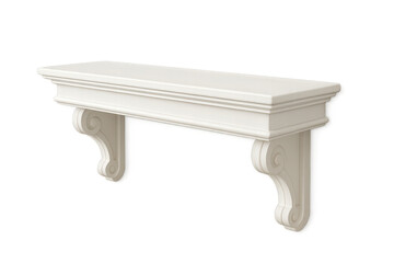White decorative wooden mantel shelf with ornate corbels, isolated on transparent background