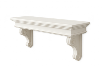 White decorative wooden mantel shelf with ornate corbels, isolated on transparent background