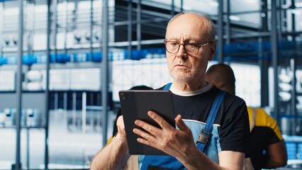 Industrial plant senior engineer implements industry 4.0 automated workflows and control systems, computerizing operations. Elderly specialist integrates sensors into production, camera A closeup