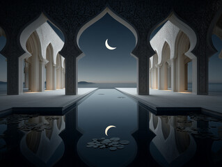 Crescent Moon Reflected in Ornate Arches