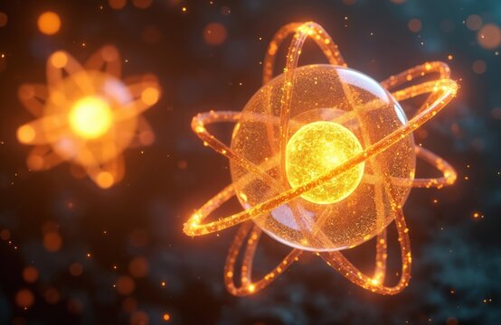 Glowing atomic structure with orbiting electrons. Atomic model with nucleus and energy levels. Scientific illustration of atom with dynamic particles.
