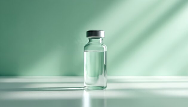 Clear glass vial contains potassium chloride solution. Medical concept health, medicine. Sterile dose pharmaceutical treatment. Minimalist aqua backdrop features clinical infusion, injection.