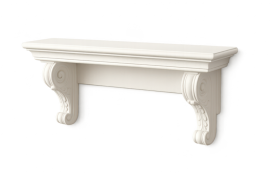 Elegant white decorative shelf with carved corbels, isolated on transparent background.