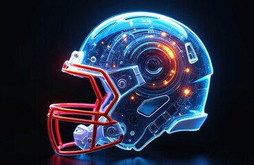 Futuristic football helmet illustration glows in blue tones on dark background. Cyber sport concept art shows digital technologies, data transmission, virtual reality. Protective gear for e-sports,