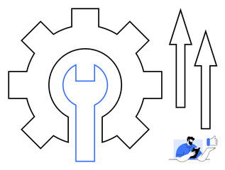 Gear and wrench symbolizing development and repair, with upward arrows for growth. Ideal for productivity, strategy, innovation, workflow, teamwork, improvement and success. Simple flat metaphor