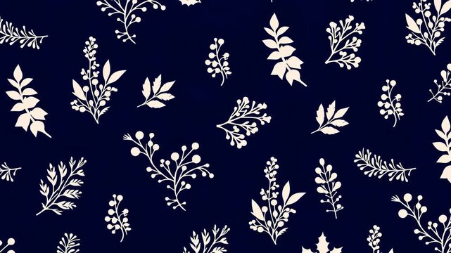 A floral pattern featuring various white leaves and flowers on a dark blue background.