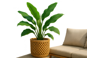 Lush green houseplant in elegant wicker pot, isolated on transparent.