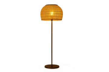 Modern floor lamp with glowing rattan lampshade, isolated on transparent background