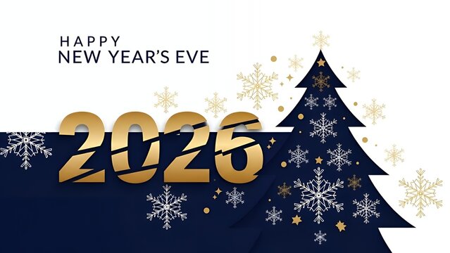 Happy New Year's Eve Celebration with Gold Year 2025 and Christmas Tree Design - Powered by Adobe
