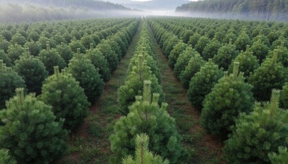 Evergreen tree farm rows symbolizing holiday season preparation sustainability and winter landscape traditions