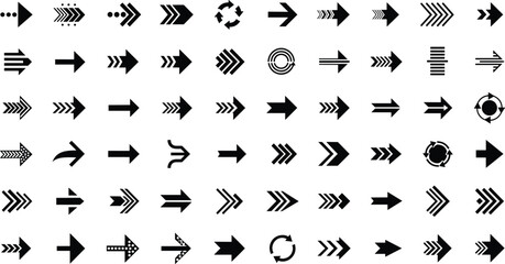 Large Set of Arrow Icons and Symbols Showing Direction, Movement, Navigation, Next, Back, Progress, and Pointer Vector Graphics Collection