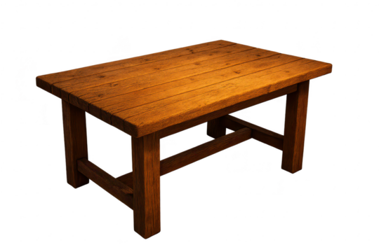 Rustic wooden table isolated on transparent background, detailed surface