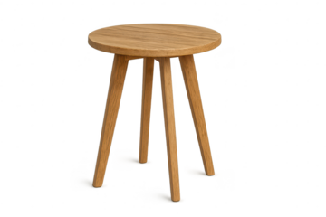 Round wooden stool with splayed legs isolated on transparent background