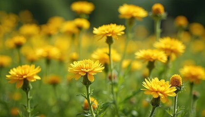 Bright yellow flowers bloom in sunlit meadow. Close up on beautiful wildflowers with green stems, leaves. Vibrant floral field creates cheerful spring, summer background, perfect natural scene of
