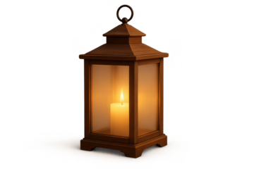 Elegant wooden lantern with a glowing candle, cut-out on transparent background.
