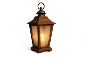 Warmly lit wooden lantern with glowing candle isolated on transparent background, cozy ambiance