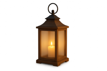 Elegant wooden lantern with a lit candle, isolated on transparent background.