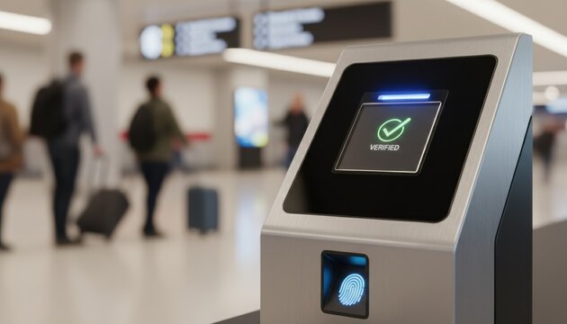 Airport biometric kiosk symbolizing modern travel technology security automation identity verification and global mobility trends
