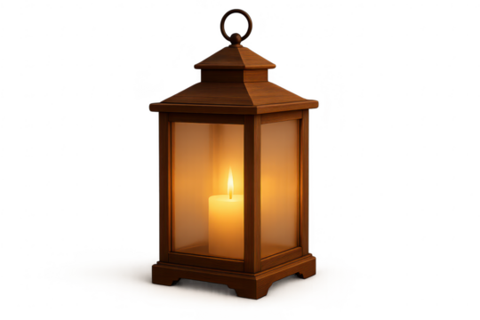 Elegant wooden lantern with a glowing candle, cut-out on transparent background.