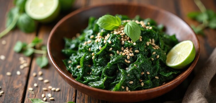 Green leafy vegetable dish prepared with sesame seeds and lime wedges in wooden bowl. Healthy fresh salad with basil garnish on dark rustic table. Simple vegetarian meal. - Powered by Adobe