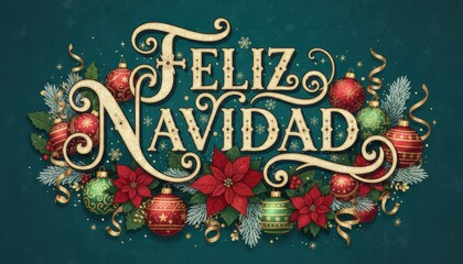Feliz Navidad greeting with ornaments embodying cheerful Christmas celebration and decorative seasonal joy