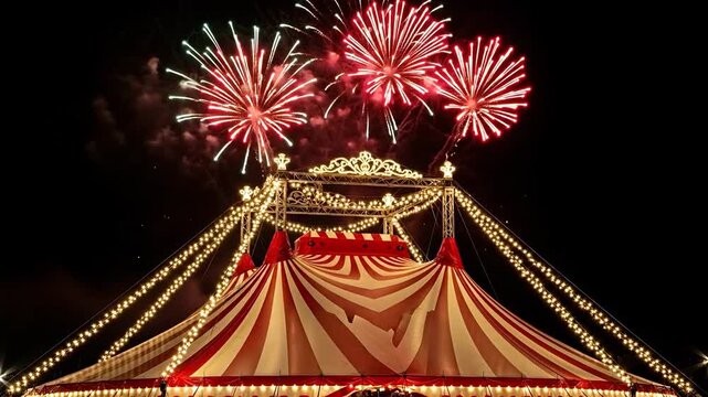 A festive circus tent illuminated with strings of warm yellow lights stands under a dark night sky with vibrant red green and blue fireworks exploding overhead creating a dazzling celebratory