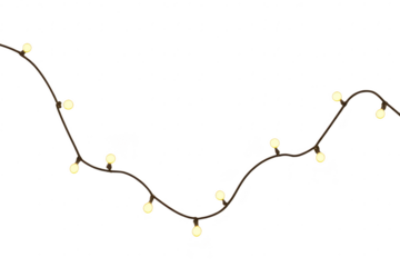 Wavy warm white festive lights string, transparent background, isolated.