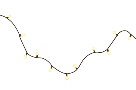 Wavy warm white festive lights string, transparent background, isolated.