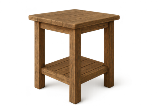 Rustic wooden side table with lower shelf isolated on transparent background