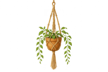 Lush green potted plant in macrame hanger, isolated on transparent background