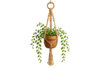Macrame plant hanger with green houseplant, isolated on transparent.