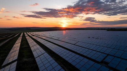 Shadows stretch across the solar panels as the sun sts behind the hills.