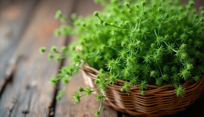 Galium aparine cleavers in wicker basket on wooden table. Fresh green plant stalks for ayurveda and traditional medicine. Herbal remedy in spring.