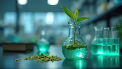 Green plant grows from glowing liquid in science lab flask. Organic matter, bio tech elements visible on table. Shows eco innovation for natural growth, sustainable progress, modern chemistry