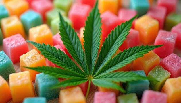 Green cannabis leaf surrounded by colorful gummy cubes in various colors on wooden surface. Sweet treats infused with cannabis for wellness and recreational use.